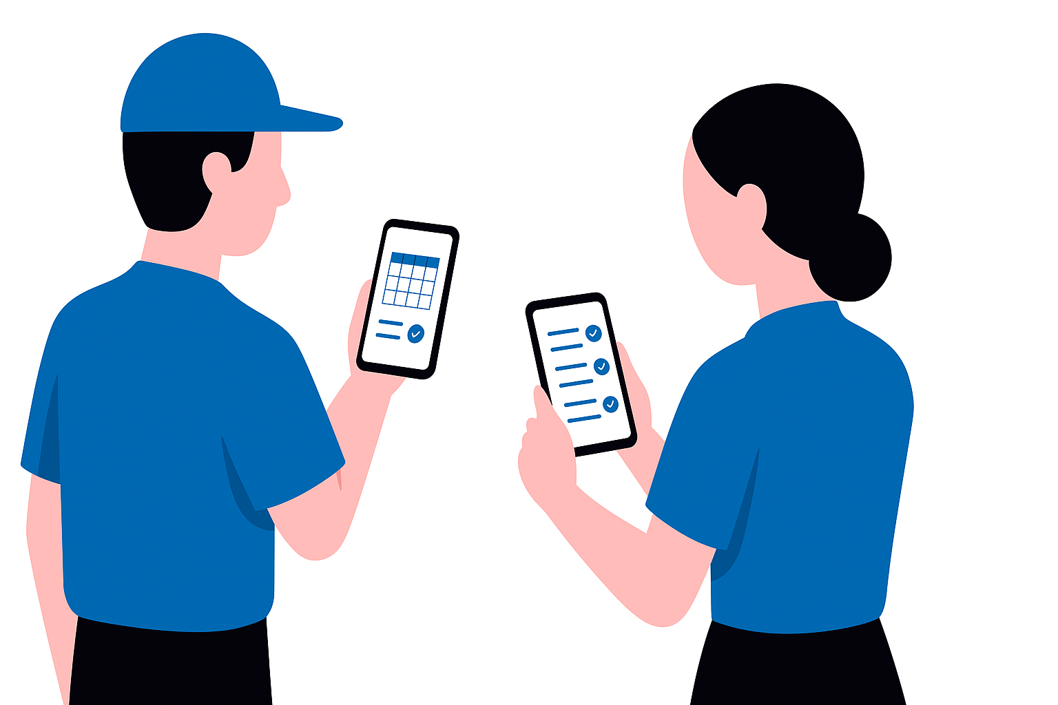 Flat-style illustration of two IFS Field Service technicians using mobile apps for scheduling tasks.